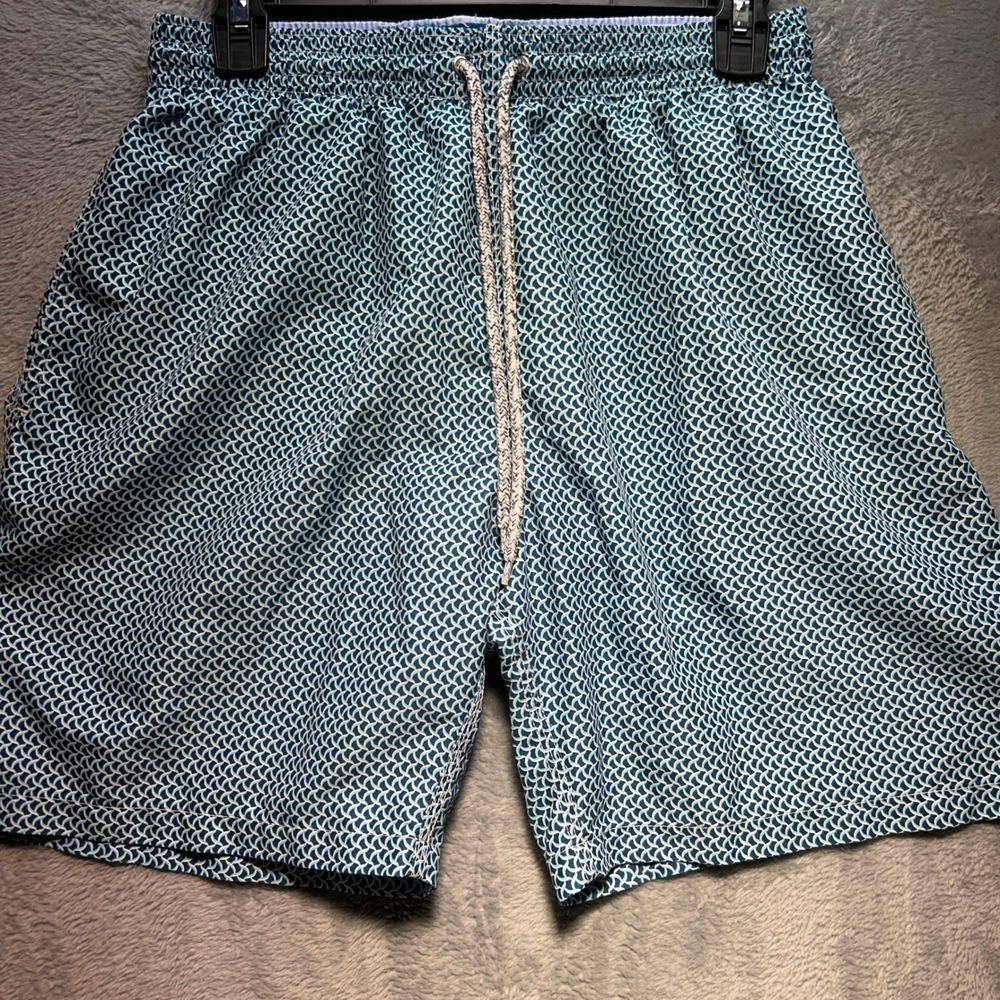Michaels Mens Teal Geometric Scale Print Swim Trunks Mesh Lined Size M Morocco